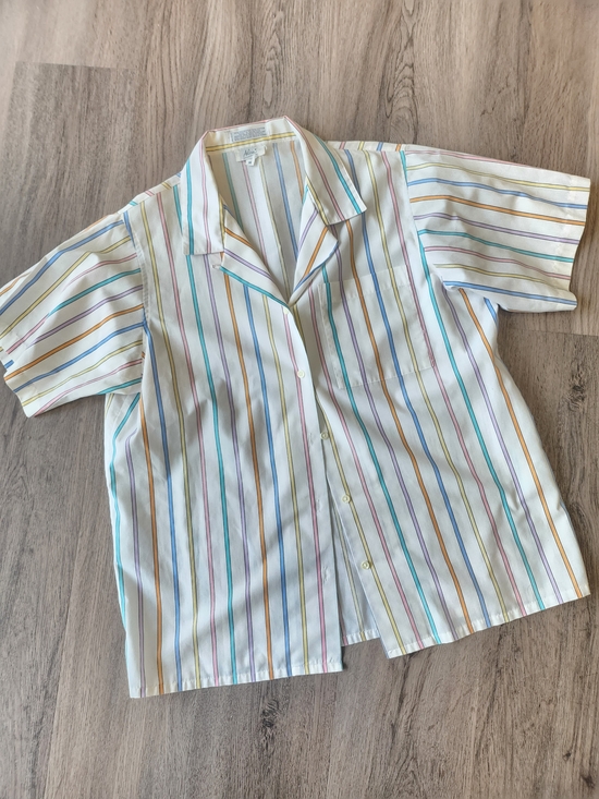 Tops - Vintage 90s Women's White Short-Sleeve Button Front Blouse Multi-Pastel Stripes